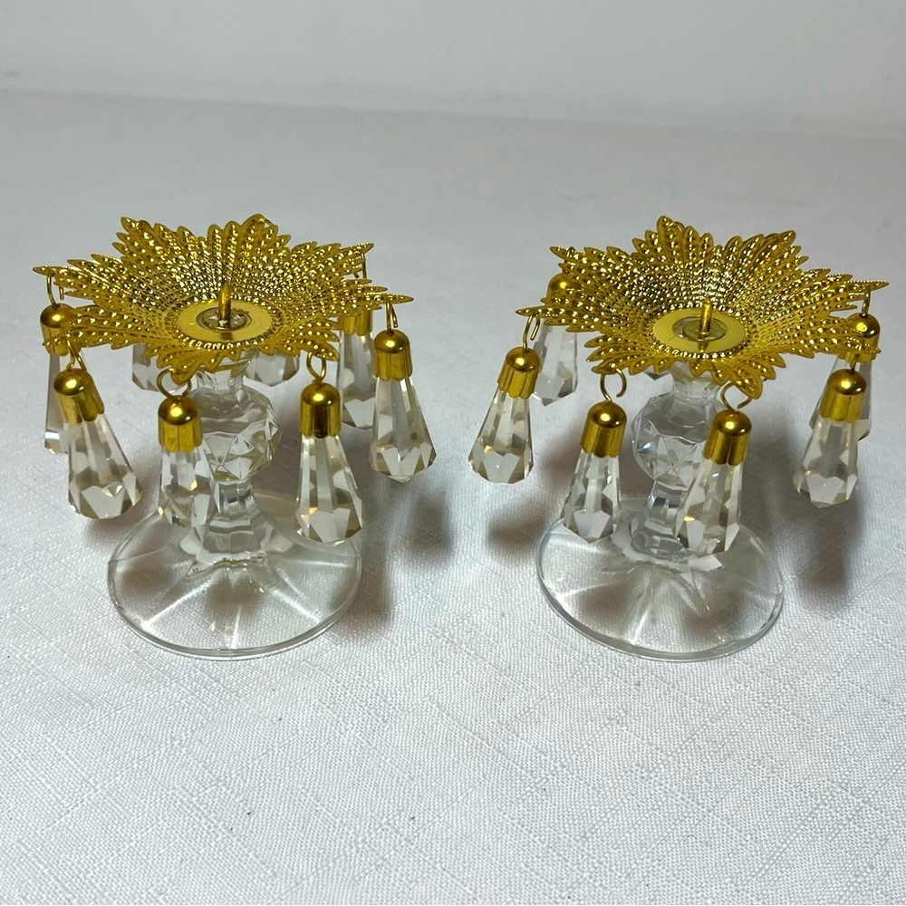 Pair Metal & Crystal Stands w Prisms Display Crystal Holder or Wooden Eggs RARE